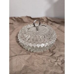 Vintage Indiana Glass Diamond Point Crystal Candy Dish‎ W Lid Metal Handle